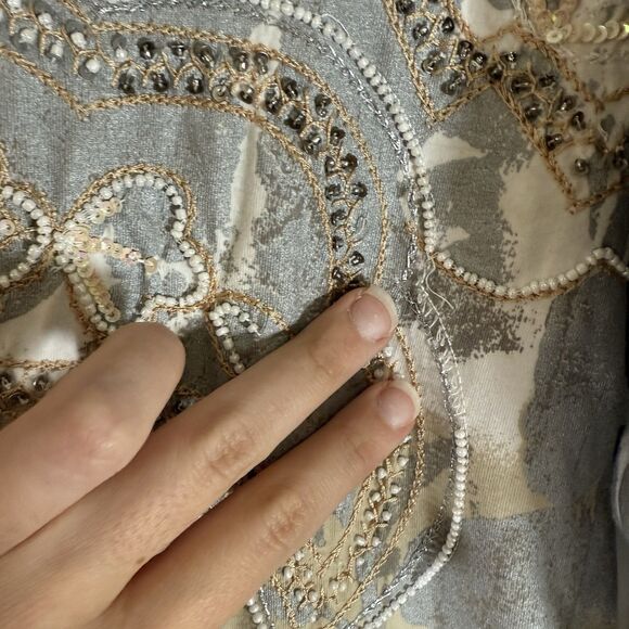 Chico's Blouse Women's Large Pink Purple Floral Beaded Round Neck Cotton Blend - Picture 8 of 12